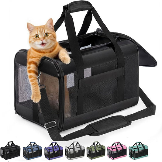 Cat Carrier Airline Approved, Soft-Sided Dog Carrier with Inner Safety Leash, Pet Transport Carrier for Small-Medium Cats Puppies up to 15 Lbs, Collapsible Travel Kitten Carrier Bag -Blackm
