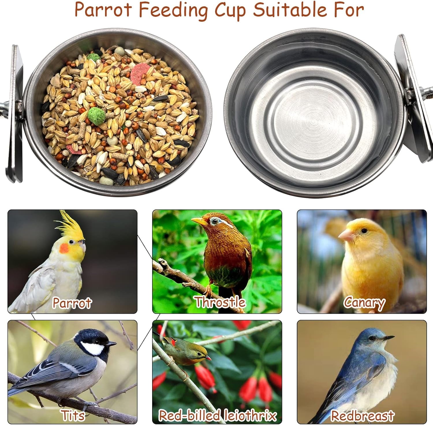 6 Pcs Bird Feeding Dish Cups Parrot Food Bowl Clamp Holder Coop Cup, Bird Cage Water Bowl for Parakeet African Greys Conure Cockatiels Lovebird Budgie Chinchilla