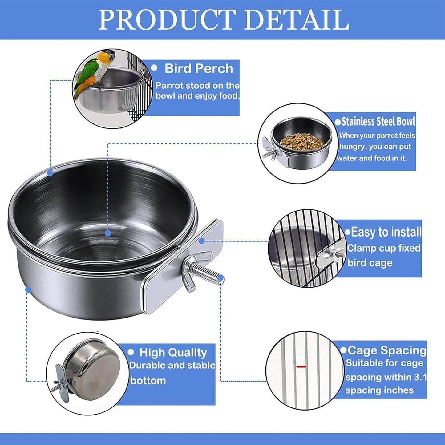 6 Pcs Bird Feeding Dish Cups Parrot Food Bowl Clamp Holder Coop Cup, Bird Cage Water Bowl for Parakeet African Greys Conure Cockatiels Lovebird Budgie Chinchilla