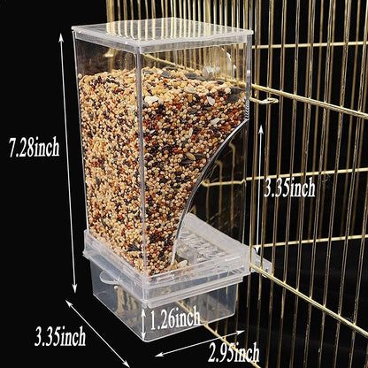 No Mess Bird Cage Feeder Automatic Parrot Seed Feeders with Perch Acrylic Transparent Seed Food Container Cage Accessories for Small and Medium Parakeets Lovebirds