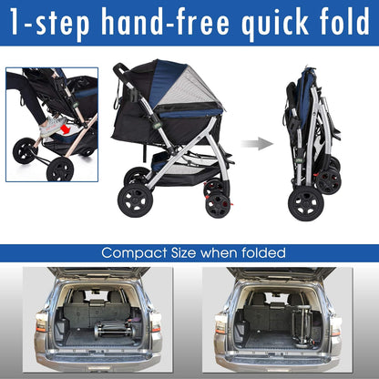 Pet Rover Premium Heavy Duty Dog/Cat/Pet Stroller Travel Carriage with Convertible Compartment/Zipperless Entry/Reversible Handle/Pump-Free Rubber Tires for Small, Medium, Large Pets-Midnight Blue