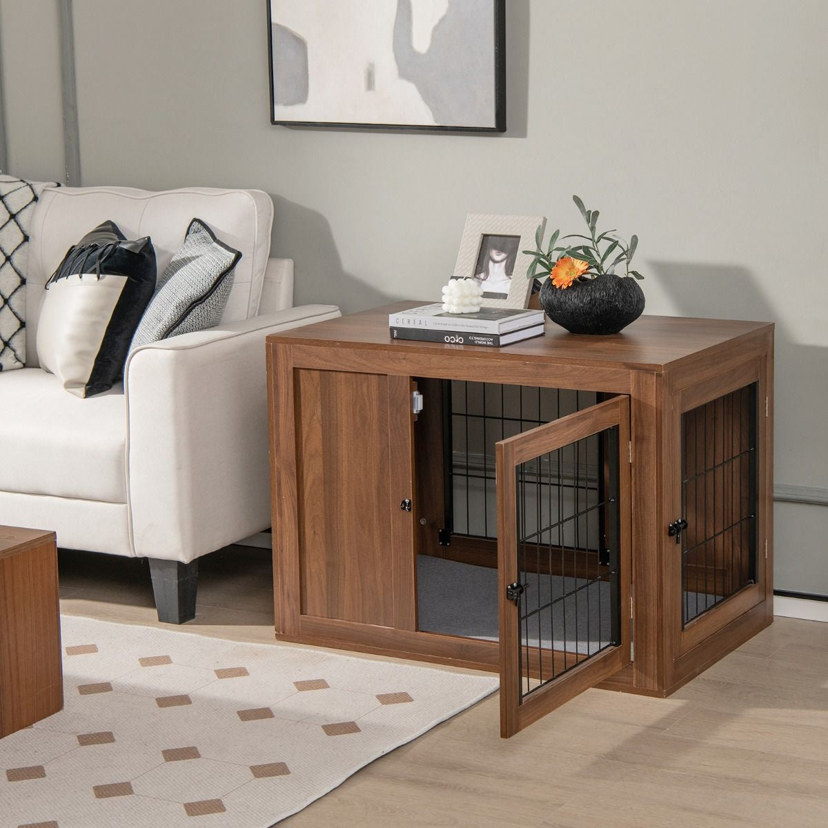 Furniture Dog Crate with Cushion & Double Mesh Doors for Indoor