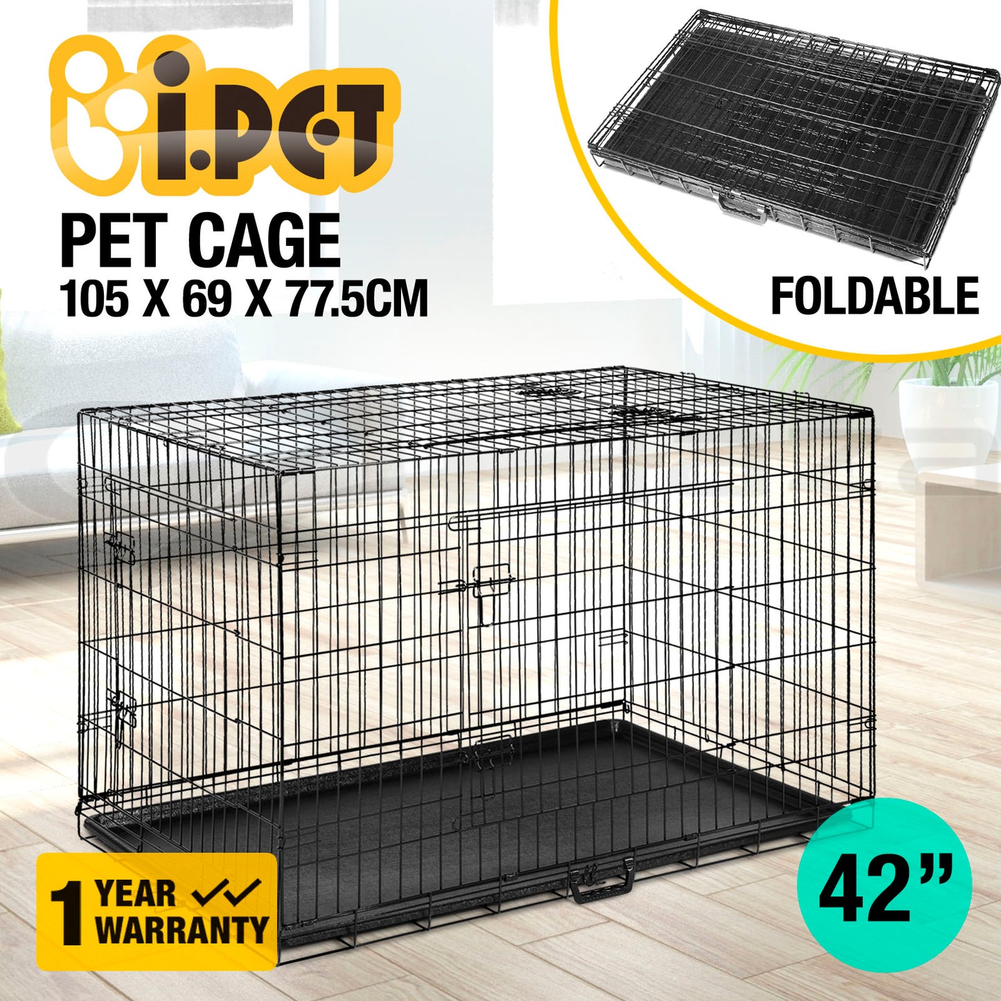 I.Pet Dog Cage Crate 24" Large Puppy Rabbit Cat Foldable Metal Kennel Portable