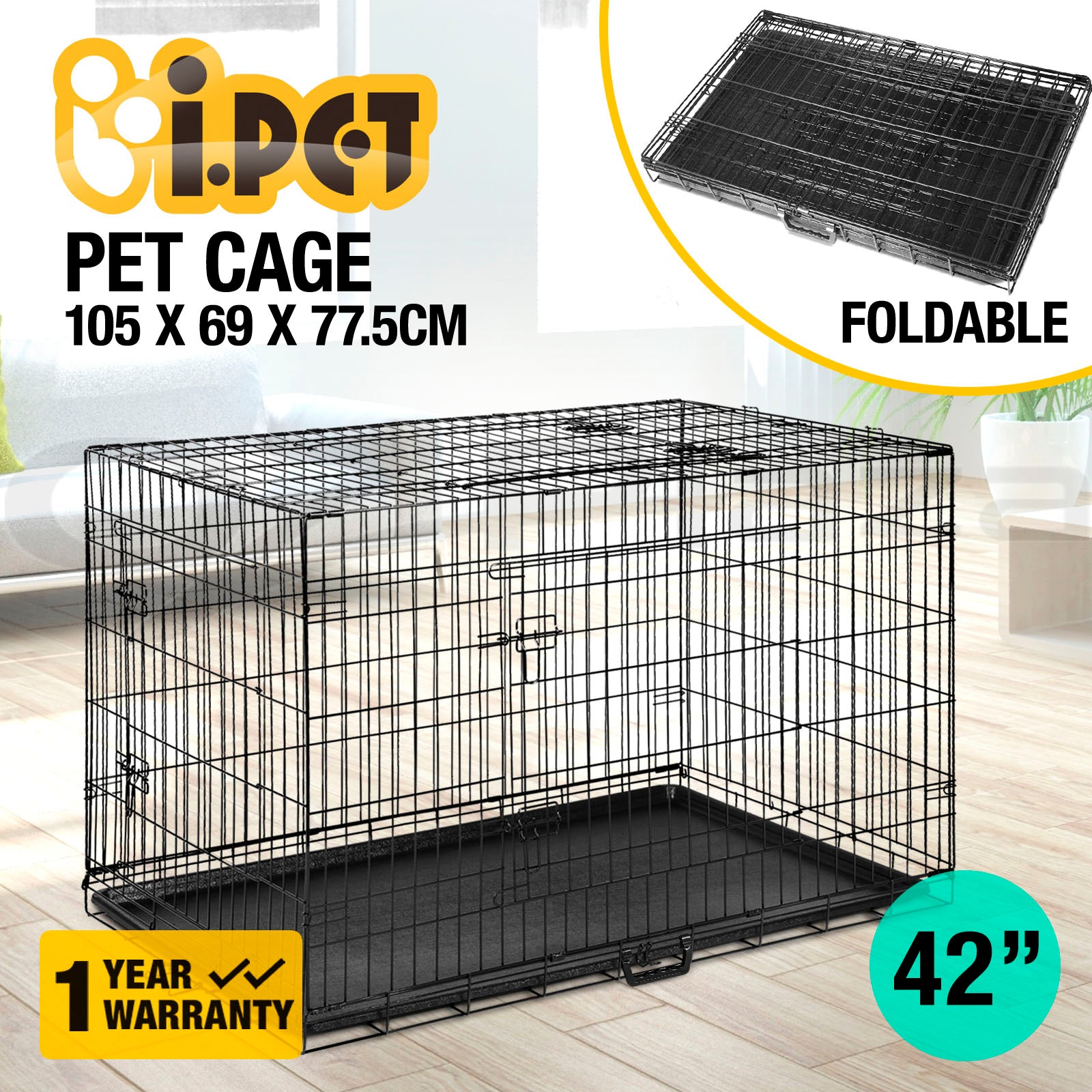 I.Pet Dog Cage Crate 24" Large Puppy Rabbit Cat Foldable Metal Kennel Portable