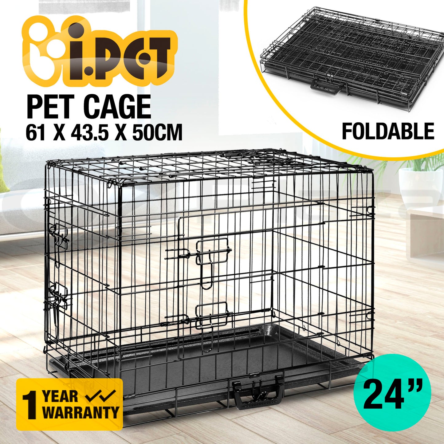 I.Pet Dog Cage Crate 24" Large Puppy Rabbit Cat Foldable Metal Kennel Portable