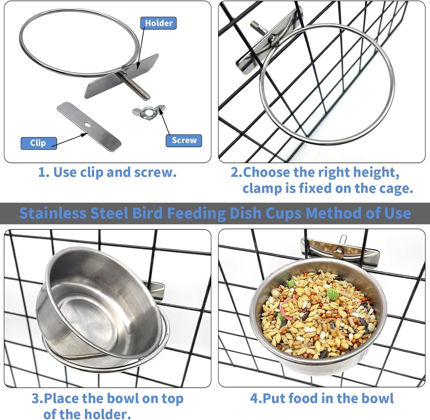 6 Pcs Bird Feeding Dish Cups Parrot Food Bowl Clamp Holder Coop Cup, Bird Cage Water Bowl for Parakeet African Greys Conure Cockatiels Lovebird Budgie Chinchilla