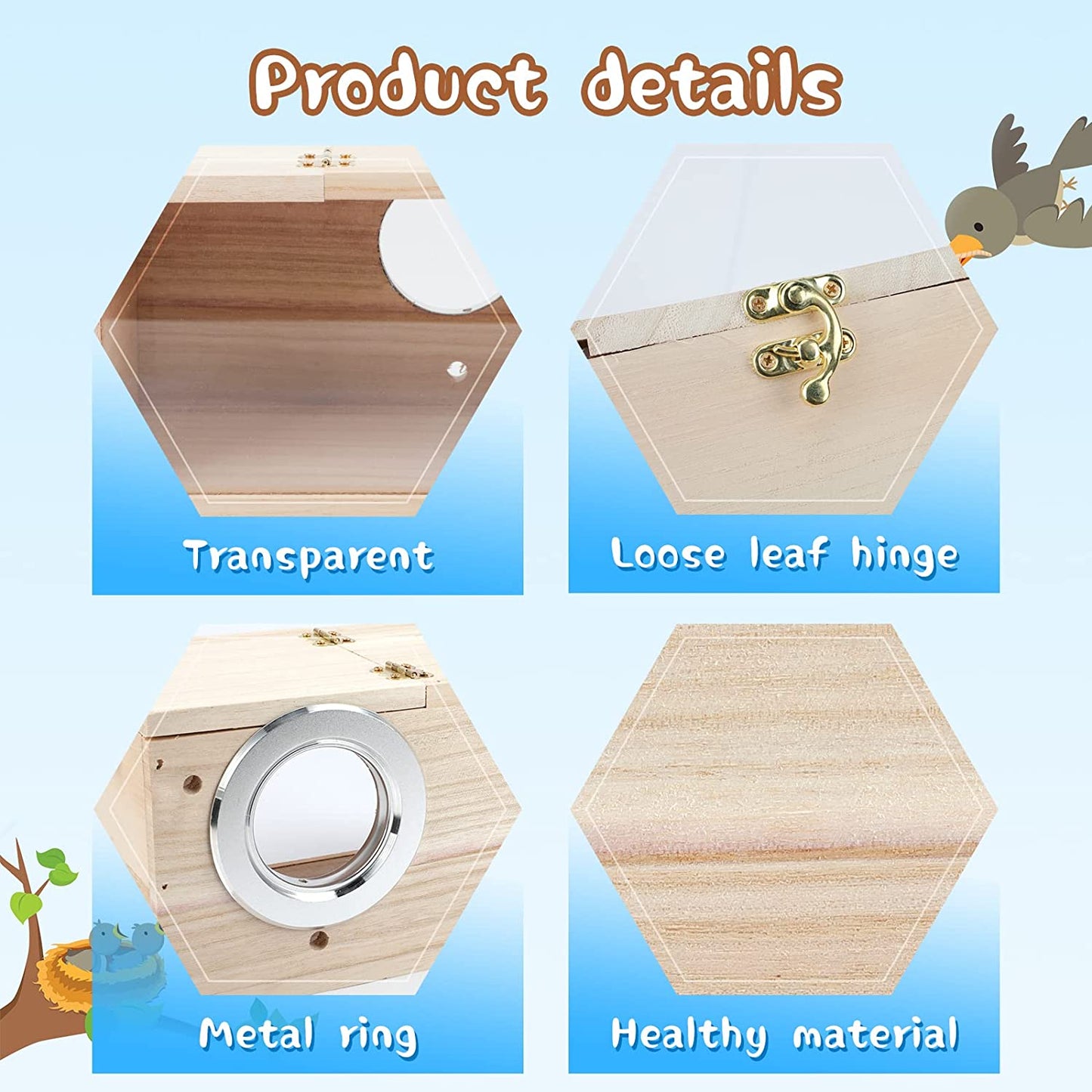 Parakeet Nesting Box Transparent Bird House for Cage Natural Wood Breeding Box for Parrot Parakeet Cockatiel Lovebirds Budgie Conure and Other Small Birds