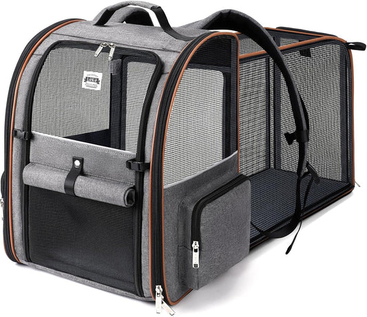 Large Cat Backpack Carrier Expandable for Small Dogs Medium Cats up to 18 Lbs, Foldable for Travel, Hiking, Grey