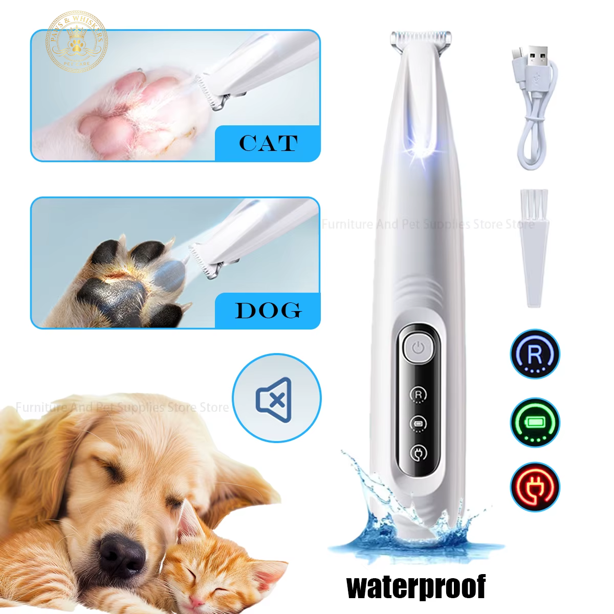 New Dog Paw Trimmer with LED Light Fully Waterproof Pet Hair Trimmer with LED Display Dog Clippers for Grooming 18Mm Widen Blade