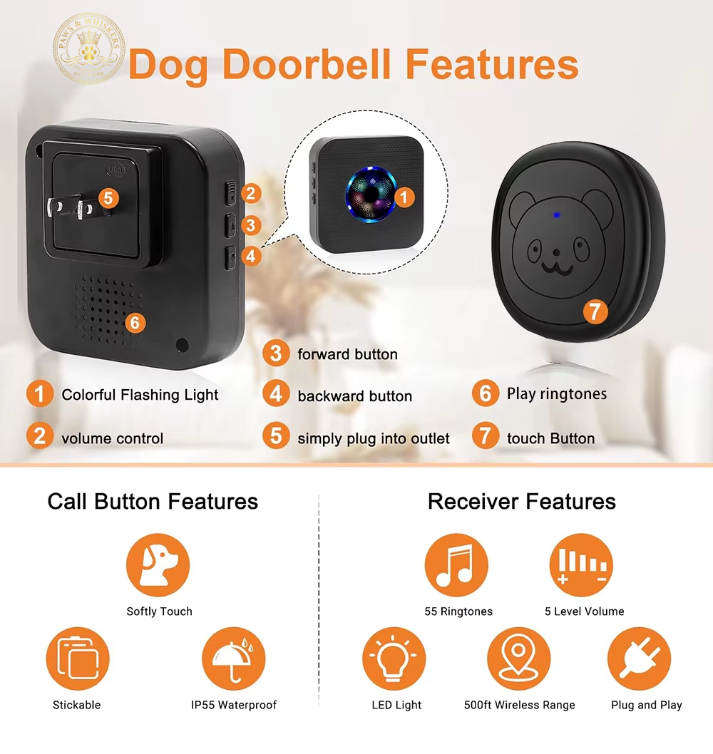 Smart Dog Doorbell Wireless for Potty Training Doggie Food Chime Door Bell Touch Button for Pet Puppy Ring to Go outside KONLEN